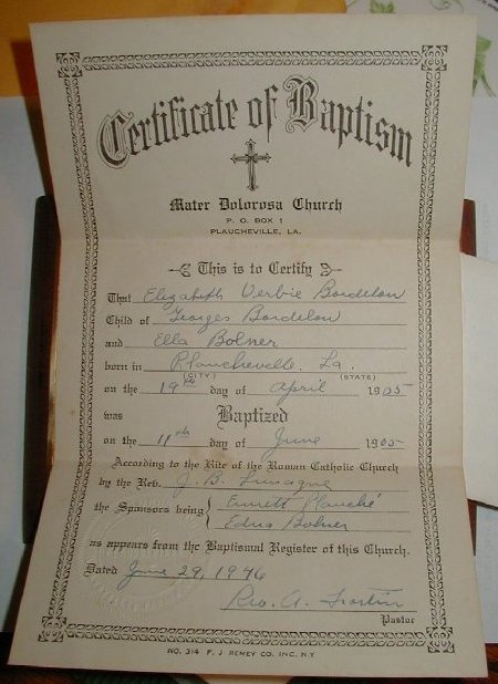 Verbie Bordelon - Baptismal Certificate
